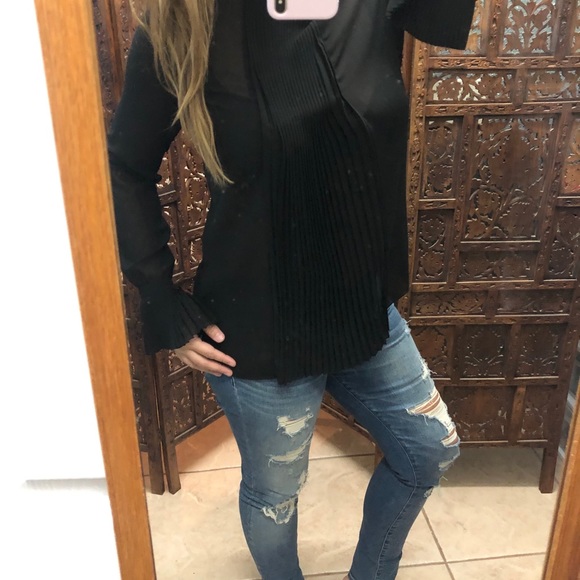 Sisley Black Sheer Chiffon Pleated Blouse Top S - Picture 2 of 6